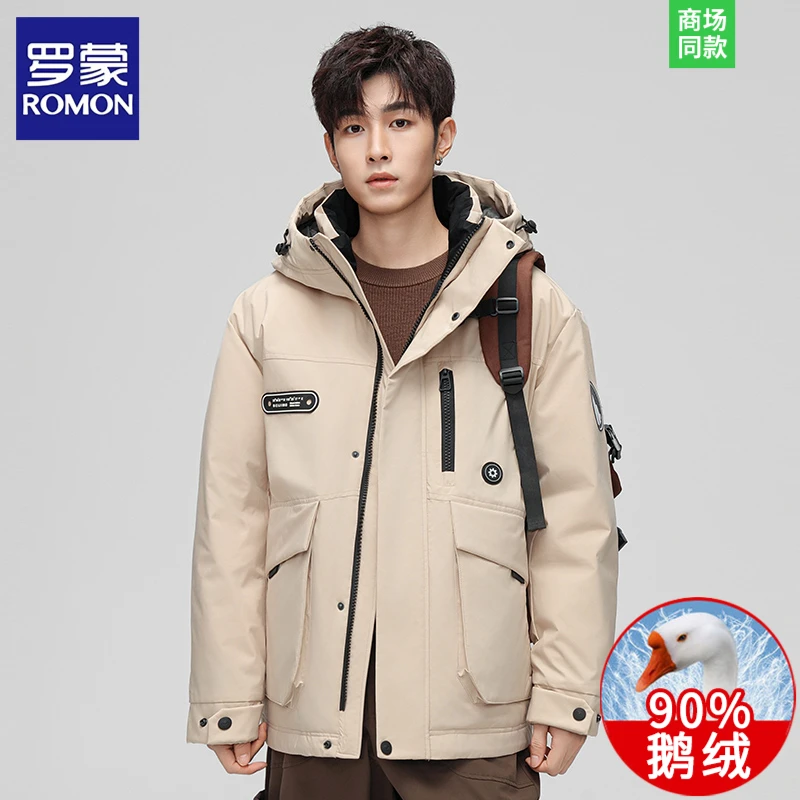 罗蒙白鹅绒羽绒服男款冬季潮牌帅气加厚保暖工装冬装外套2025新款