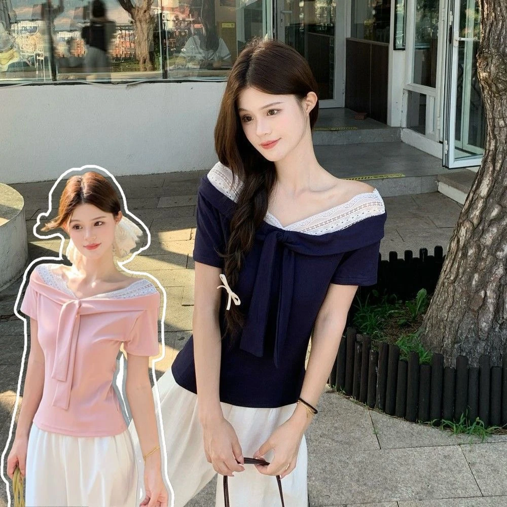 纯棉夏季爆款修身显身材V领蕾丝花边拼接短袖T恤女韩版收腰上衣潮