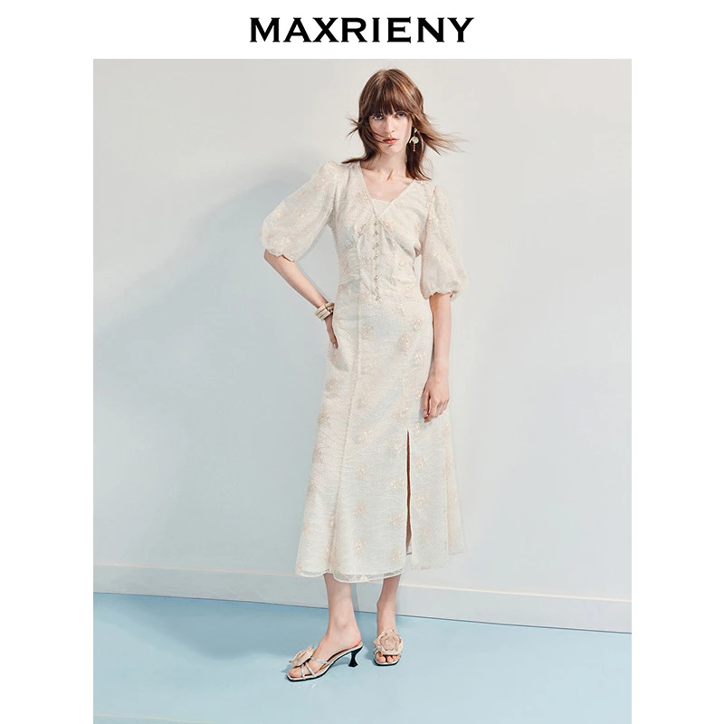 【蜜思仝】MAXRIENY25年夏季新款浪漫鎏金系列灯笼袖连衣裙高腰显瘦