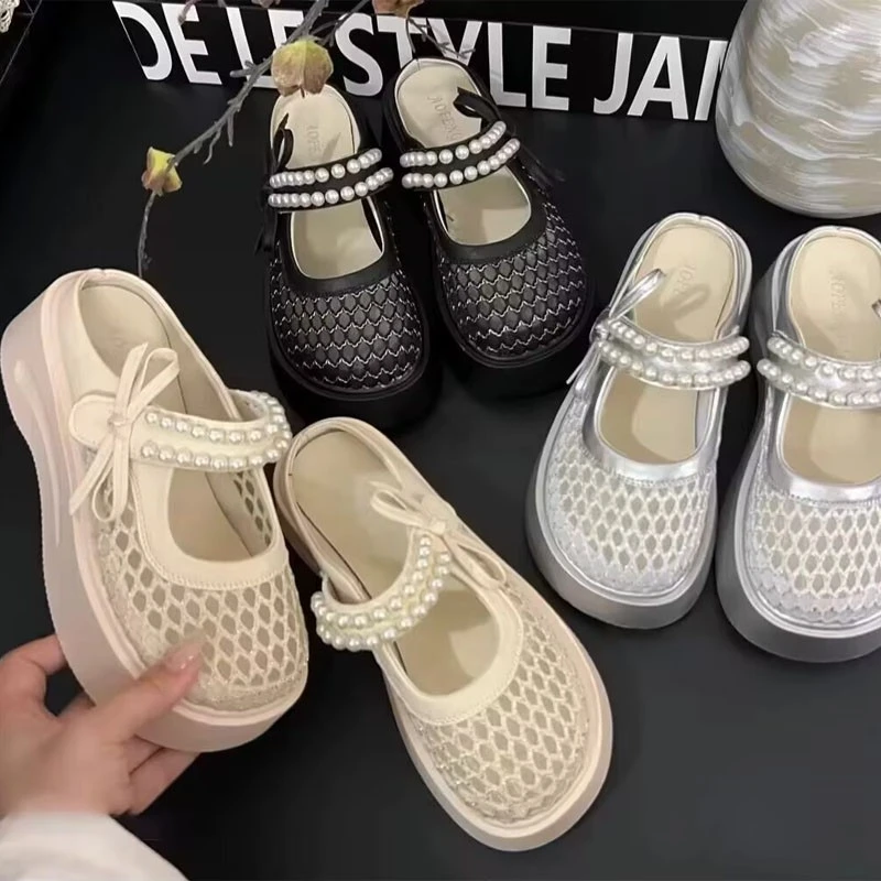 珍珠包头半拖鞋女2025春夏季外穿防滑百搭厚底镂空懒人一脚蹬半拖