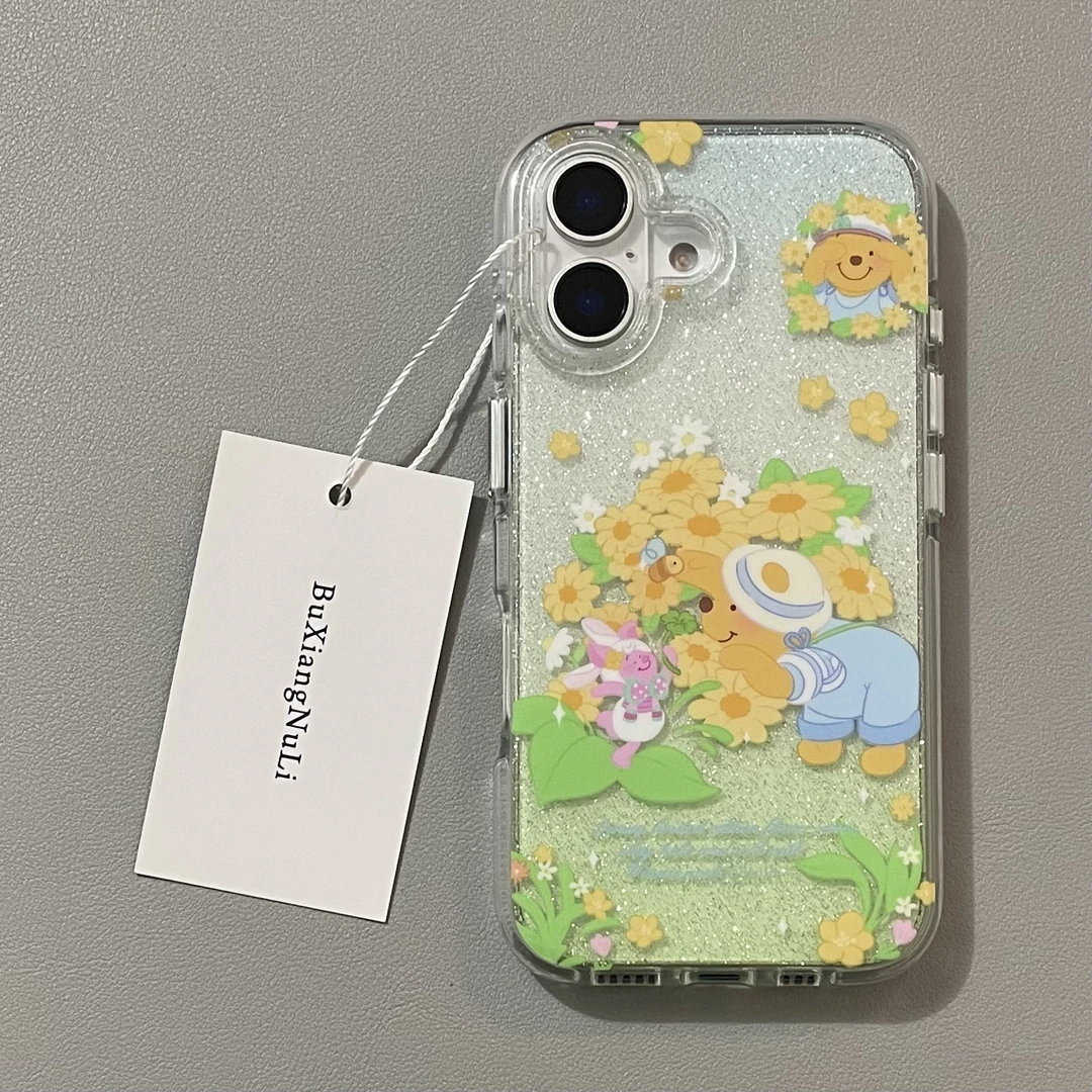 细闪春日花丛小猪皮杰维尼熊适用苹果16手机壳iPhone15全包14/13