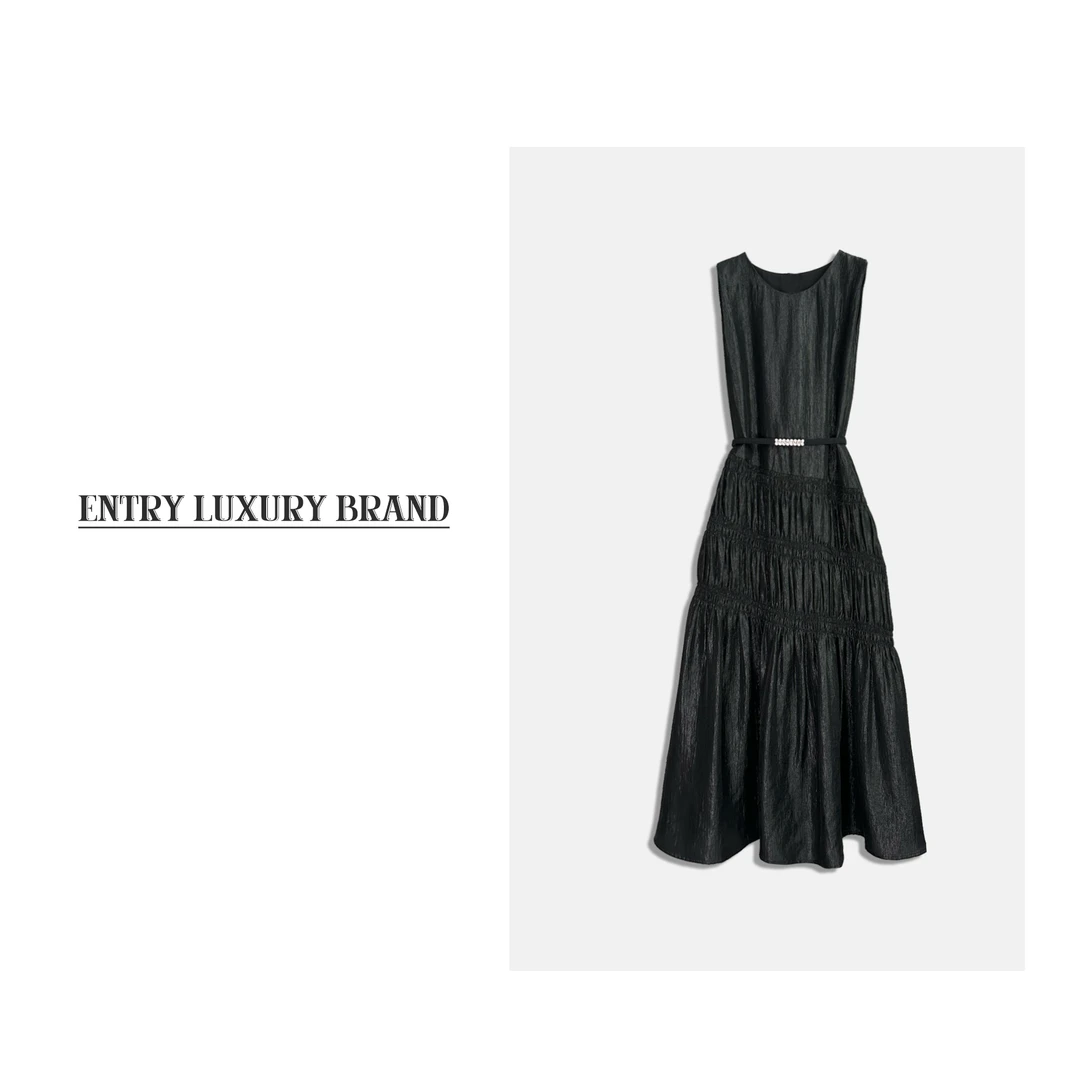 2025夏装时尚气质轻奢不规则设计黑色百搭无袖连衣裙2516068