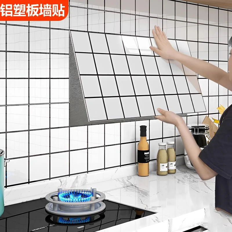 铝塑板自粘墙贴防水耐高温仿瓷砖墙面大理石墙板整张厨房防油贴纸