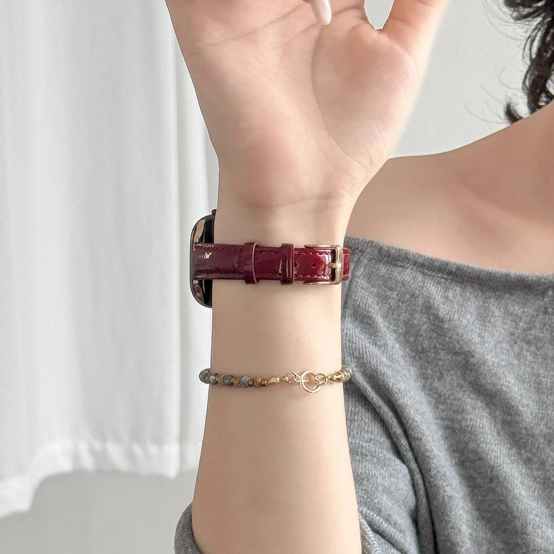 适用苹果s11手表iwatchs10表带竹节纹真皮applewatchs9女款se腕带