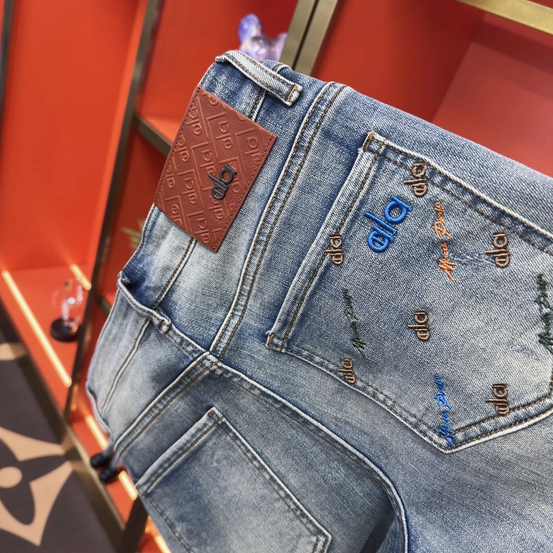 水洗长裤欧美简约小直筒男轻奢牛仔裤男士修身刺绣蓝色百搭休闲