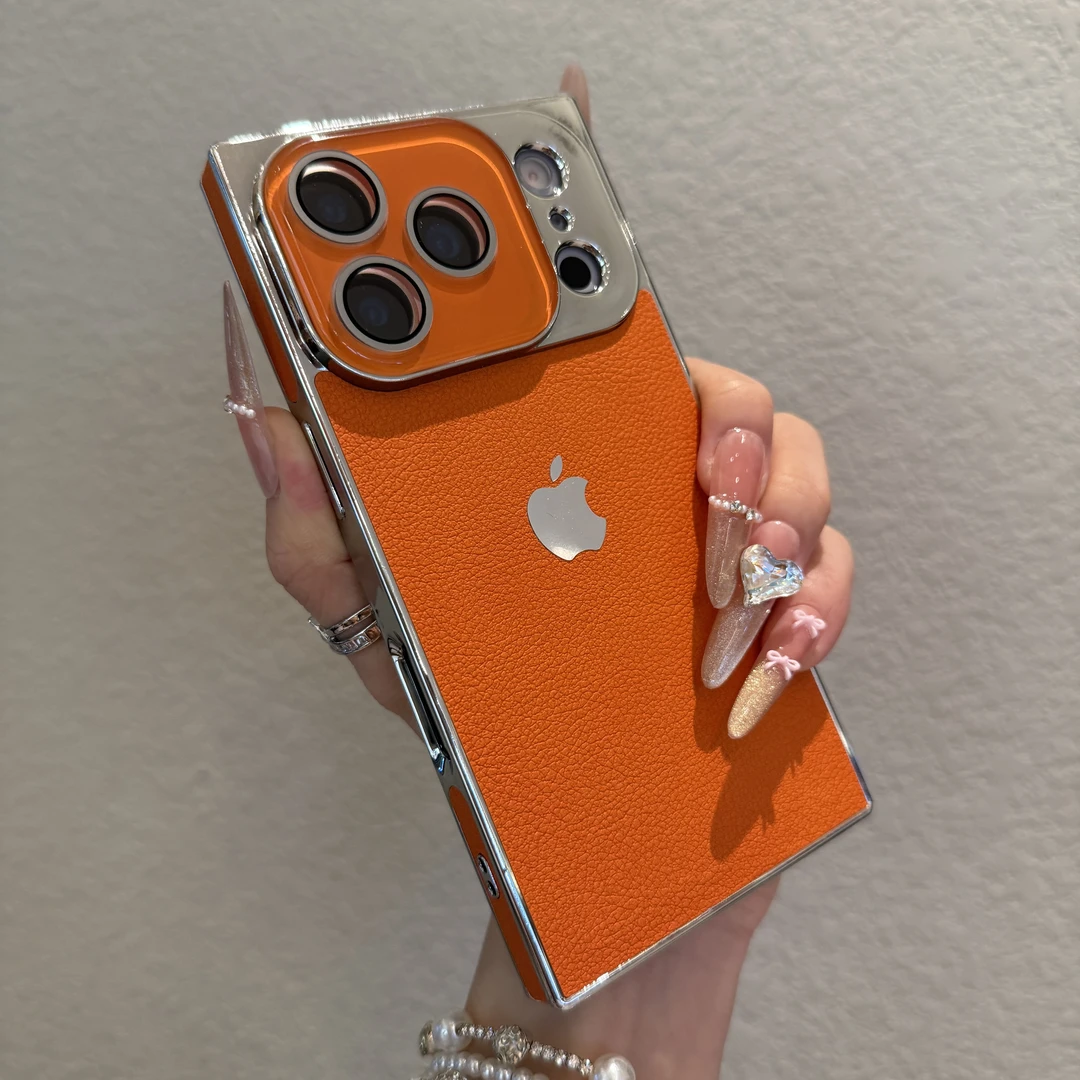 新款方形荔枝纹适用苹果17promax手机壳电镀iPhone16时尚15简约14