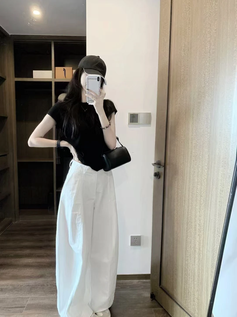 夏季新款洋气衣服女高级感修身气质短袖高腰白色显瘦阔腿裤套装