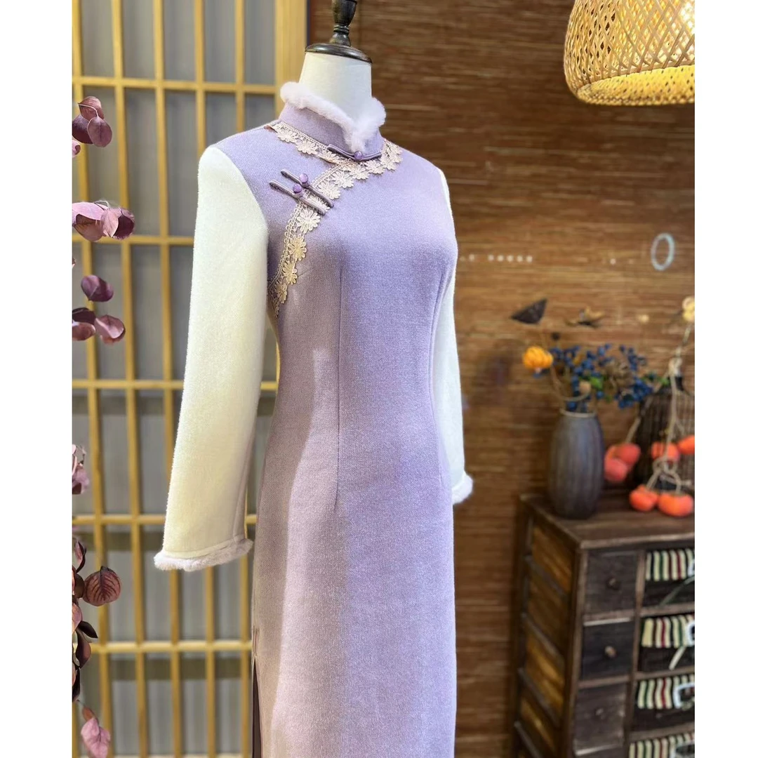 年末福利【远山紫雾】长118秋冬新款旗袍气质优雅复古国风连衣裙