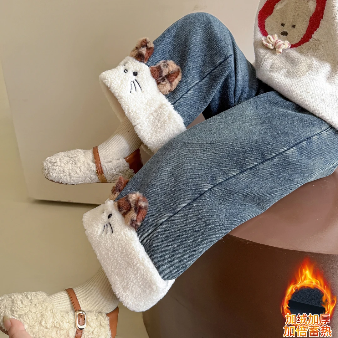 女童加绒牛仔裤洋气儿童冬季加厚裤子女宝宝冬装休闲阔腿裤一体绒
