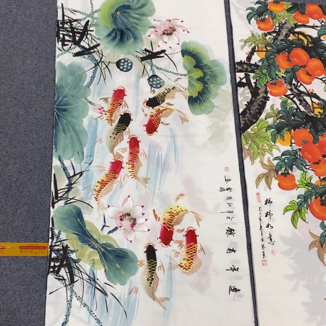 国画尺寸140✖️70四尺手绘写意画精品金线荷花鱼