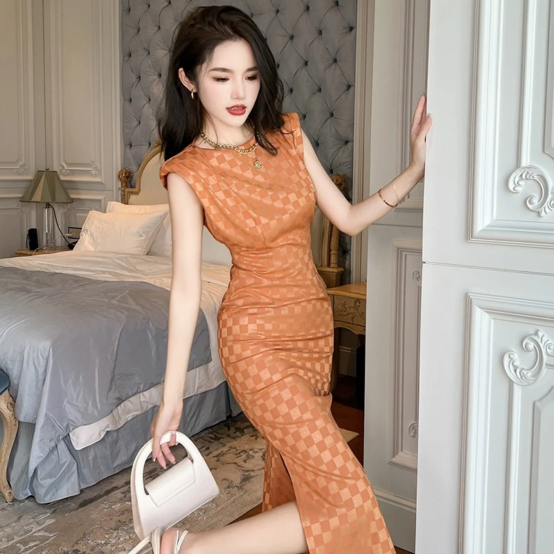 高冷御姐风无袖连衣裙女夏季气质高级感格子开叉修身灰色包臀裙子