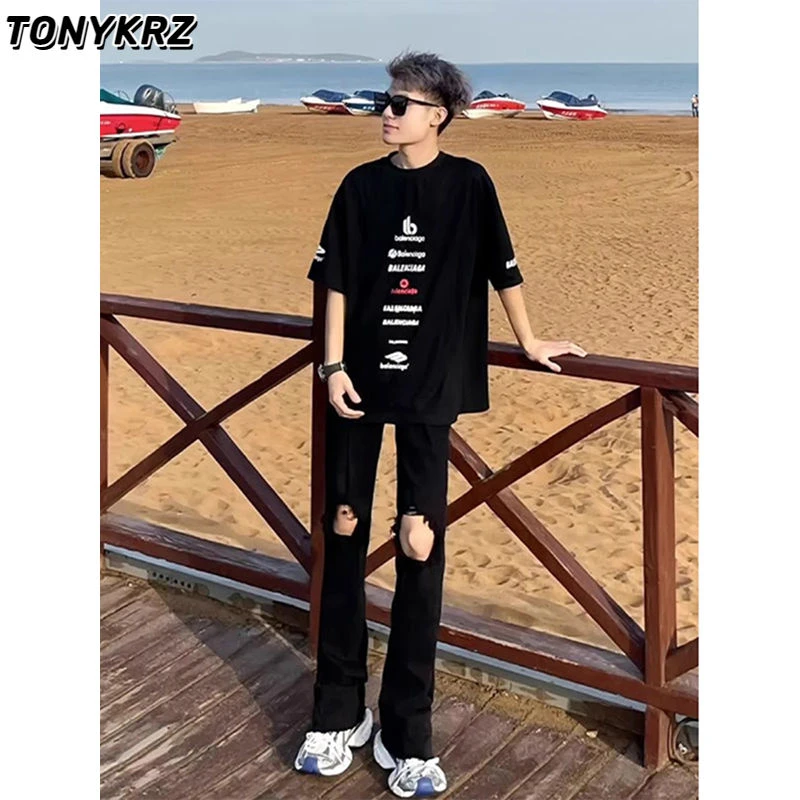 TONYKRZ美式高街黑色破洞牛仔裤男女夏季潮牌显瘦显高百搭微喇裤