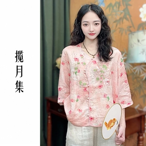 100%国风苎麻印花V领斜襟刺绣七分袖显瘦衬衫女禅意茶服夏季新款