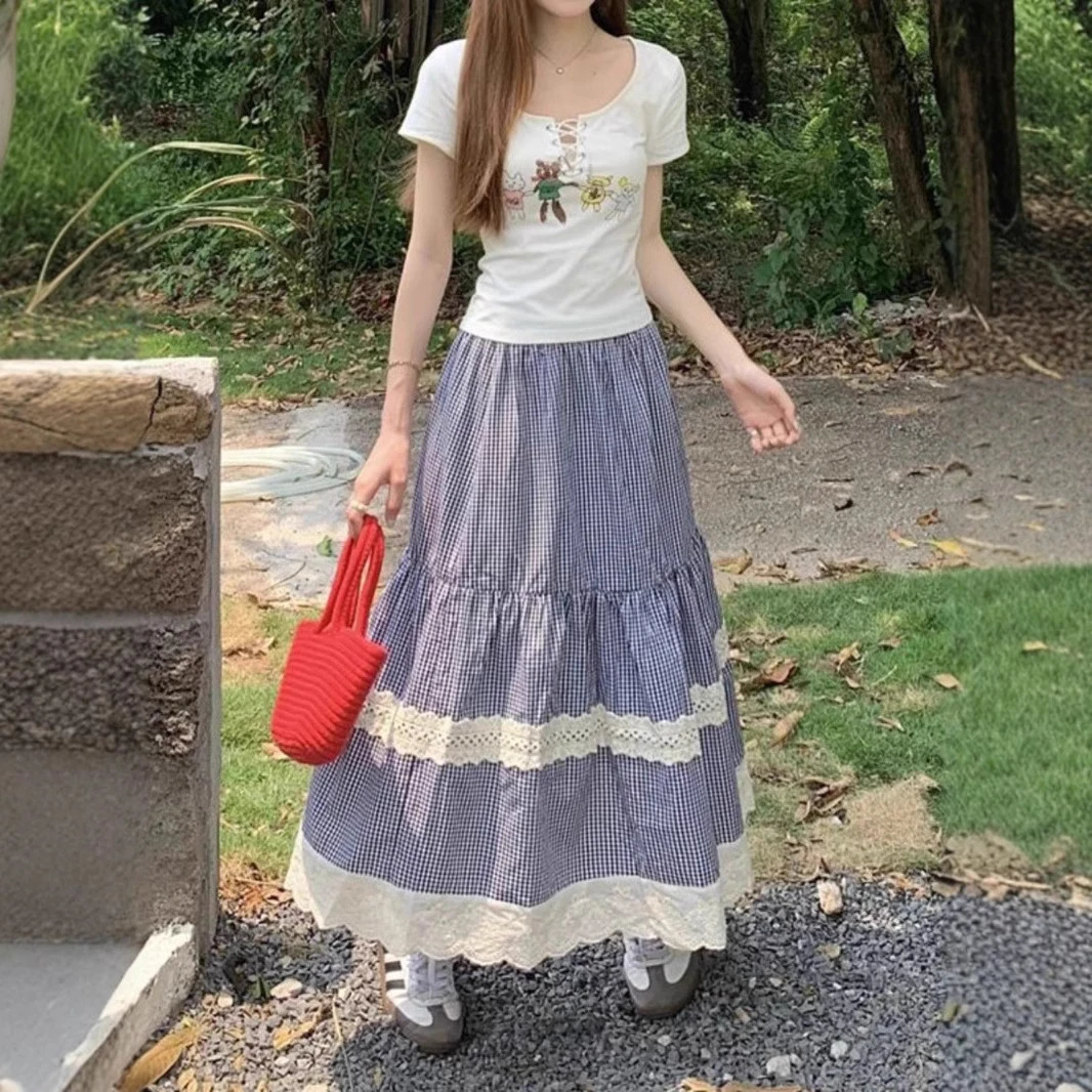 复古韩风蕾丝拼接显瘦高腰半身蛋糕裙春夏设计感格子大摆女半身裙