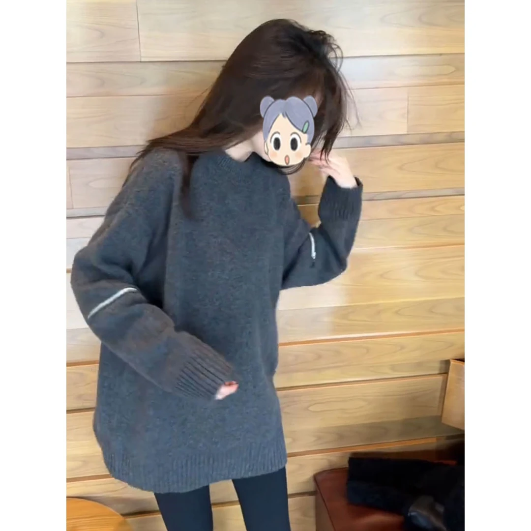 韩版简约宽松圆领针织衫女2025秋冬慵懒风百搭纯色套头毛衣