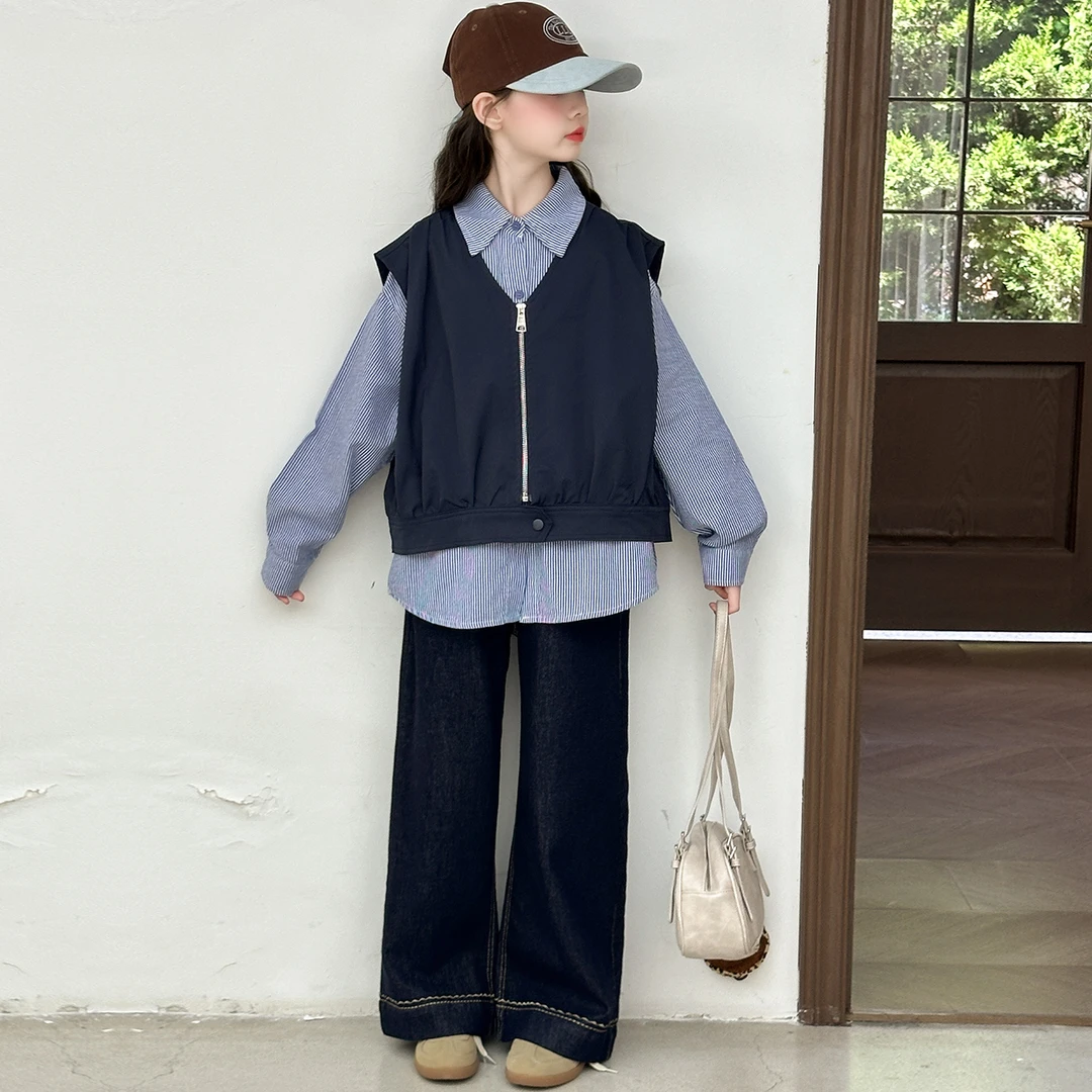 女童秋装套装2025新款洋气时髦中大童女孩儿童马甲衬衫牛仔三件套