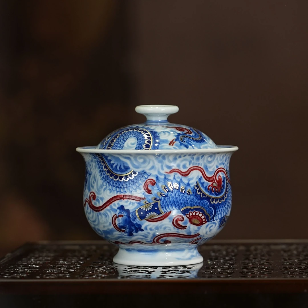 永明尚玩丨铠甲龙盖碗140ml景德镇陶瓷纯手工手绘复古茶杯茶具