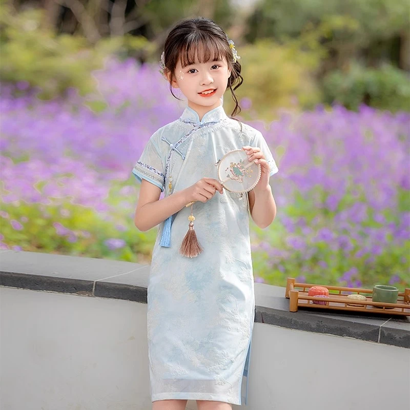 【178】蓝色新中式旗袍儿童小女孩民国风古装2025新款国风汉服洋气