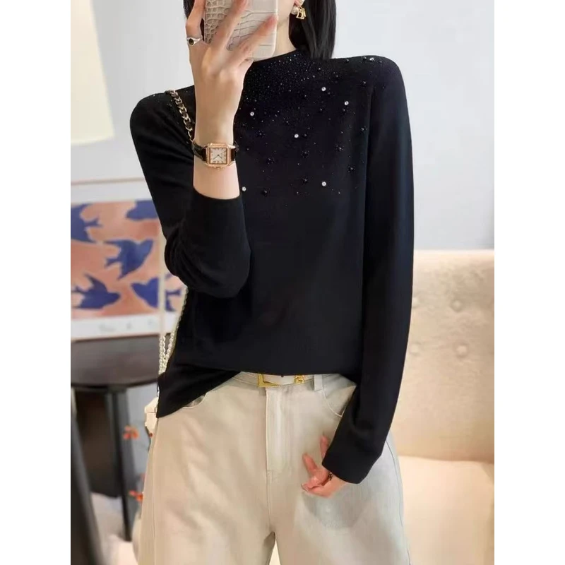 6426欧货2025秋季新款重工烫钻半高领针织衫女长袖打底衫显瘦百搭