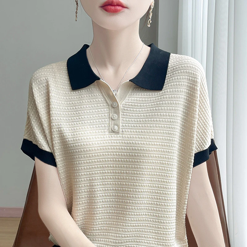 哥弟阿玛施正短袖夏季翻领INS风常规毛针织衫小众减龄撞色千金风