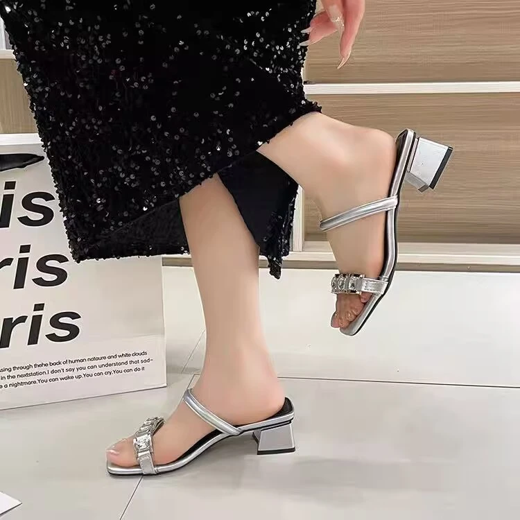 粗跟拖鞋气质时尚百搭夏季外穿高跟ins方头