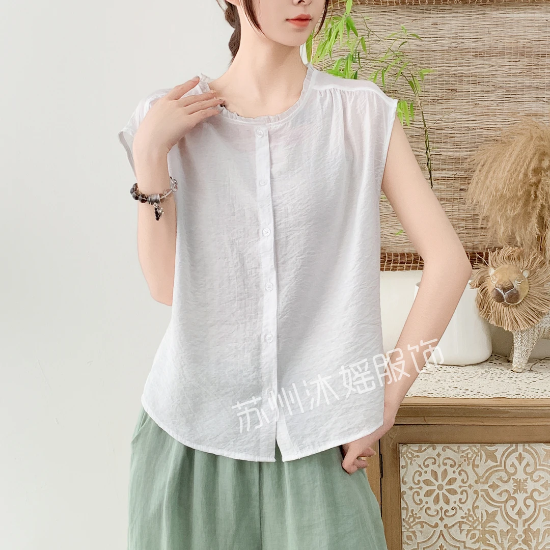 夏季时尚百搭薄款木耳飞飞袖拼接衬衫宽松圆领开衫