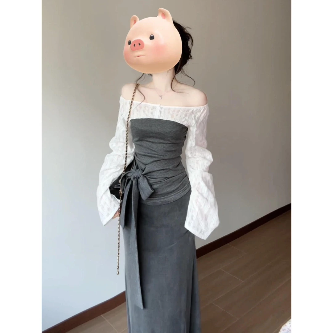 韩系撞色一字肩上衣高腰半身裙套装女夏季新款时尚气质辣妹两件套