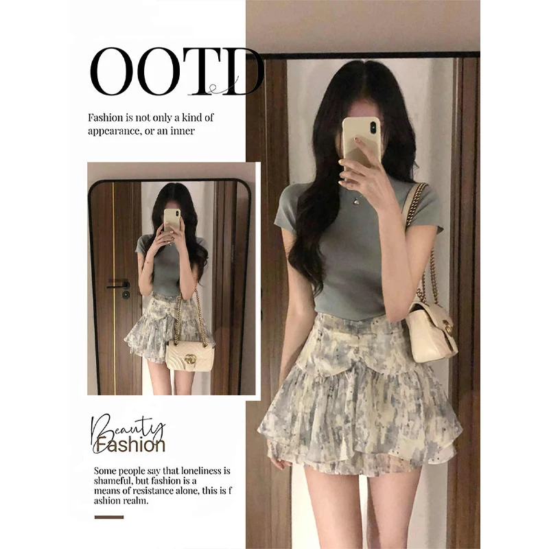 小香风套装2025多巴胺辣妹正肩短袖T恤上衣水墨印花半身裙两件套