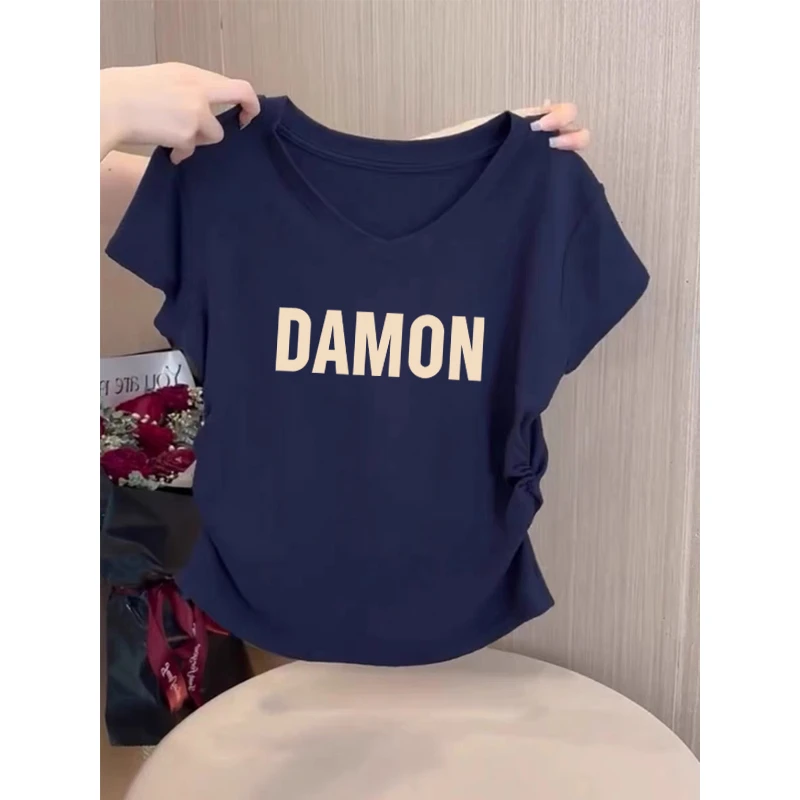 不规则褶皱V领短袖t恤女夏季设计感修身短款小个子正肩体恤上衣