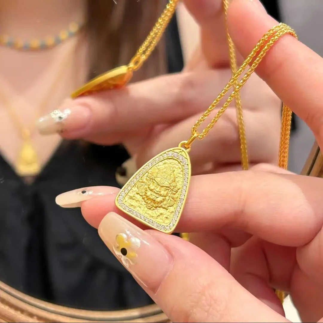 铜合金项链 铜合金项链 新中式古法黄财神三角牌招财吊坠项链百搭