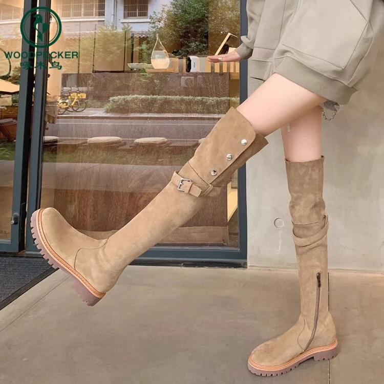啄木鸟复古铆钉显瘦过膝长筒靴女2024新款粗跟两穿高筒西部骑士靴