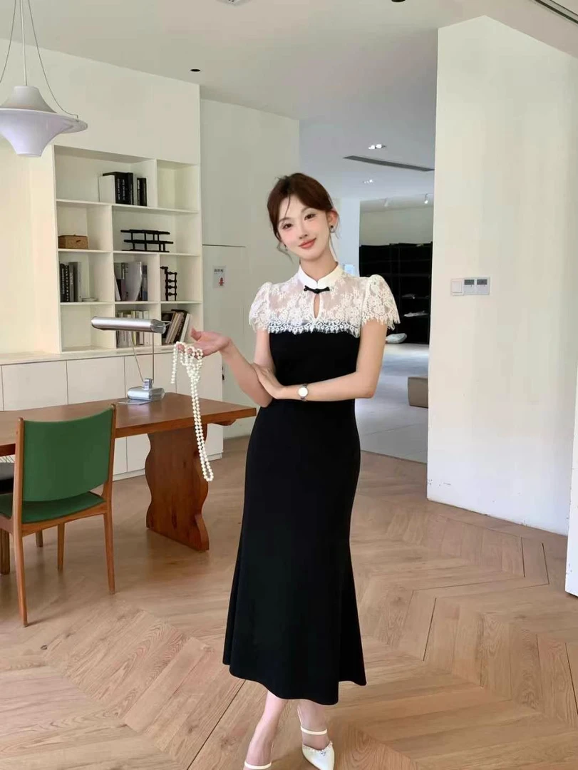 深圳南油 夜蕾新中式改良旗袍领蕾丝花边撞色拼接女春夏连衣裙