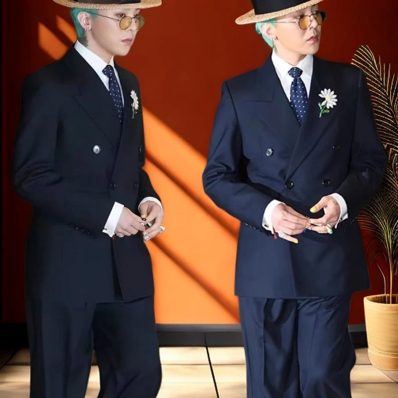 【走秀男装】权志龙GD同款藏青色双排扣西装修身春商务高端⑤天可发