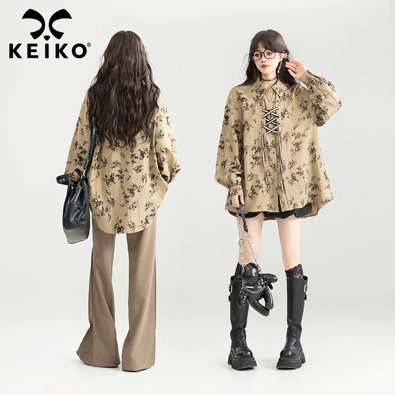 KEIKO 绉布小碎花绑带饰长袖衬衫女25秋文艺复古感泡泡袖上衣