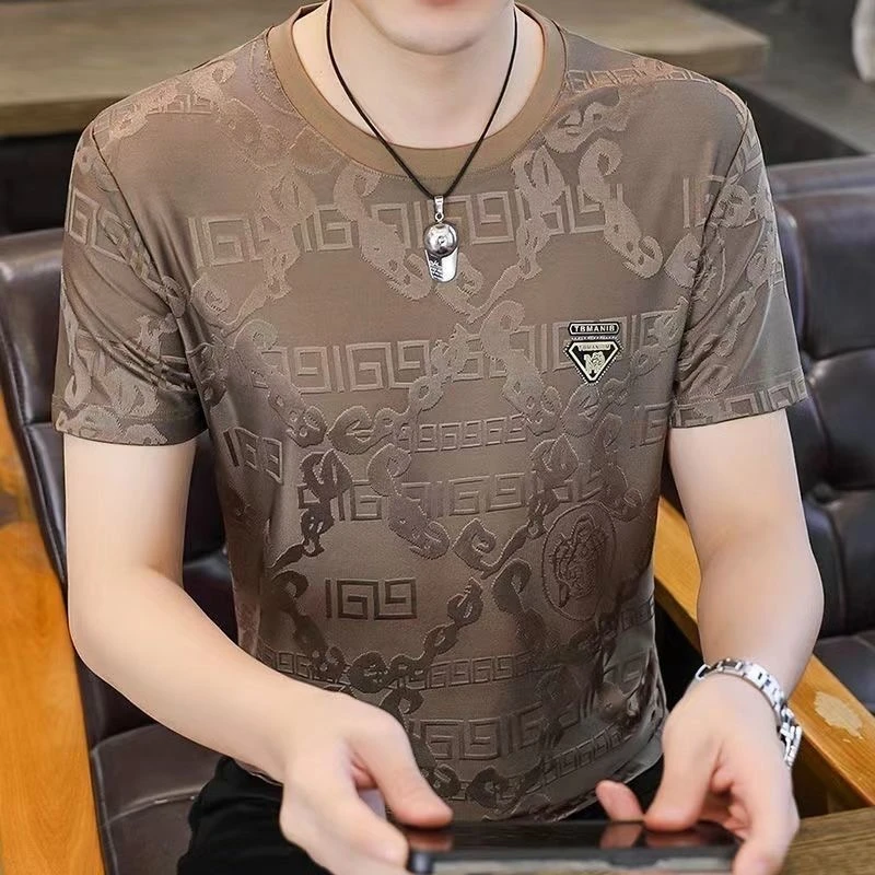 男士冰丝短袖夏季新款圆领T恤半袖上衣休闲提花薄款男装体恤潮流