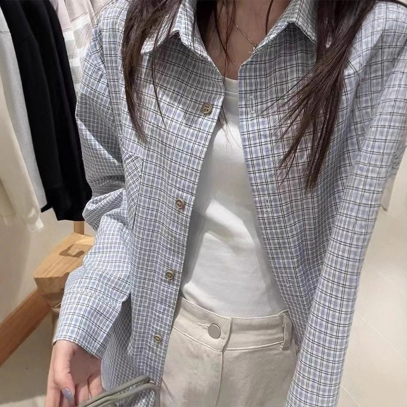 美式复古格子衬衫女夏季防晒文艺风叠穿宽松长袖衬衣