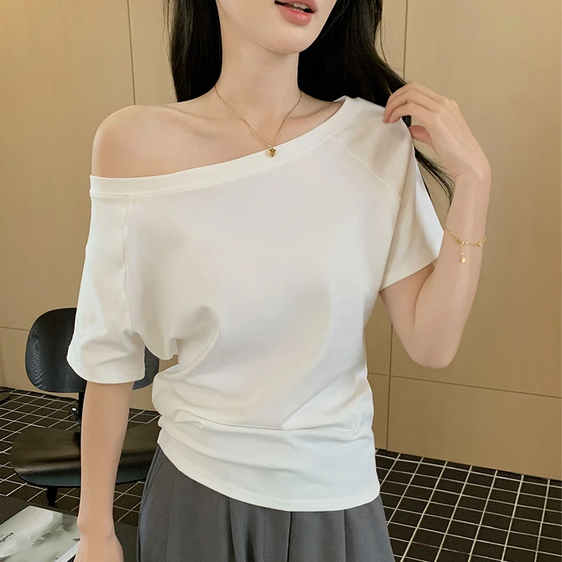 【公主信片】性感斜肩设计感短袖一字肩T恤宽松女生韩系ins衣服潮