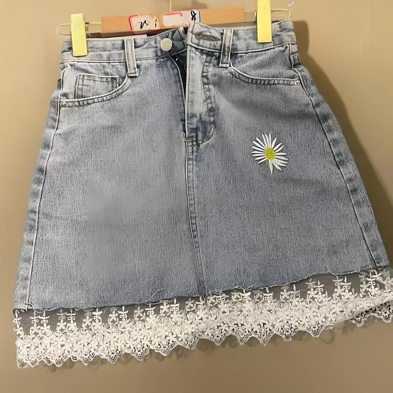 829#夏季高腰蕾丝花边牛仔半身裙薄款百搭半身裙短裙牛仔时尚