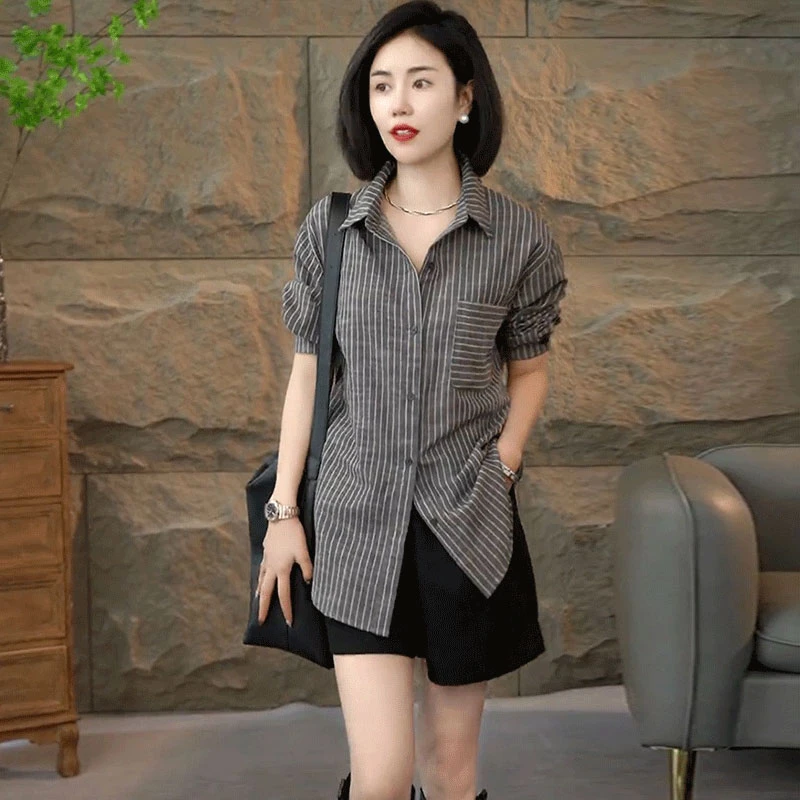 高级感休闲条纹衬衫女2025春季新款时尚百搭长袖宽松衬衣