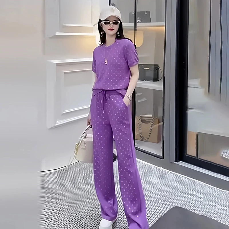欧货夏季短袖运动套装女2024新款时尚洋气高档宽松阔腿裤两件套潮