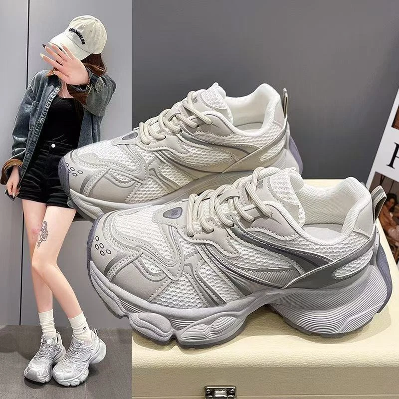厚底老爹鞋女2025新款时尚百搭轻便网面透气小个子增高运动休闲鞋
