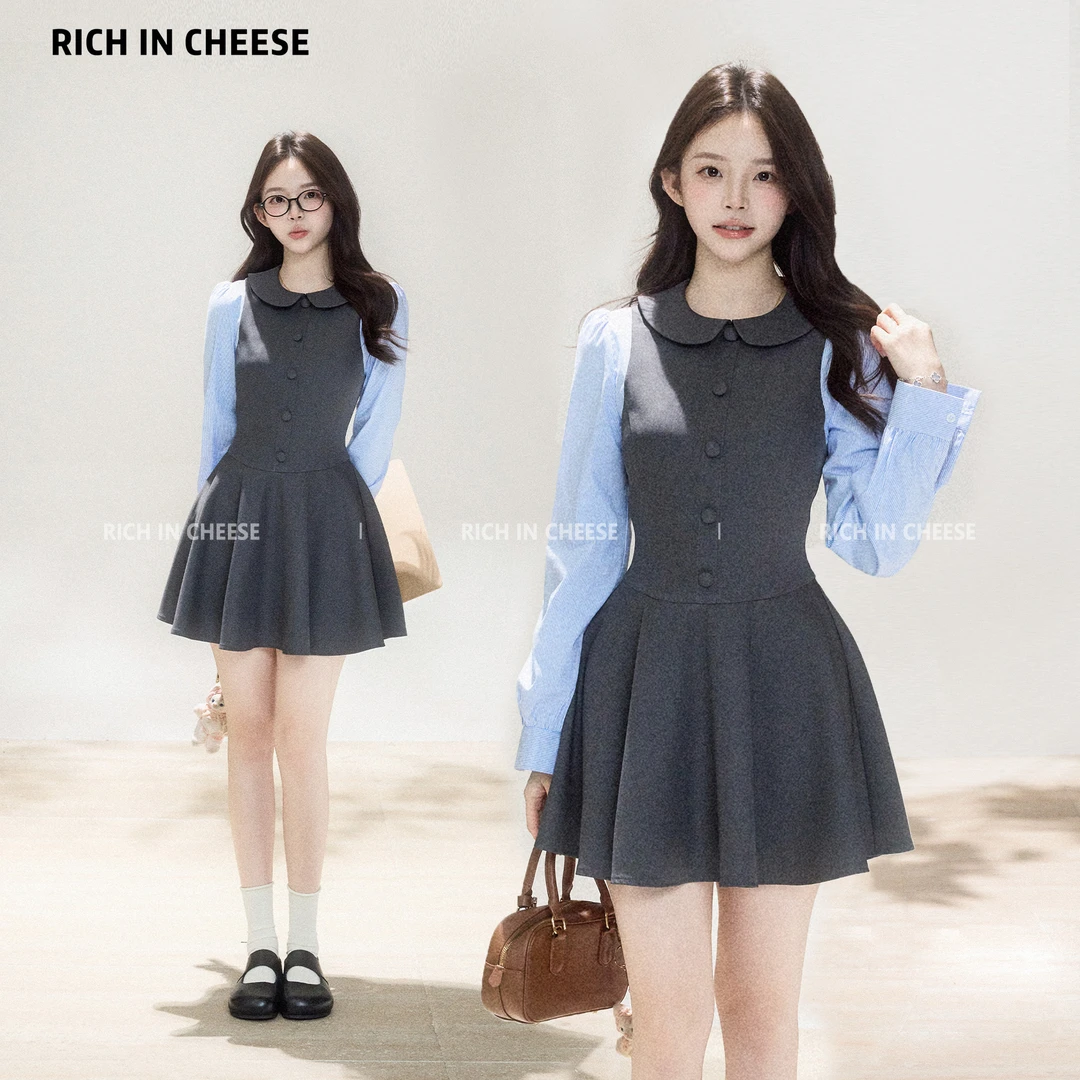 金川川  少女学院【少量现货】 韩系学院风甜美拼接撞色收腰连衣裙