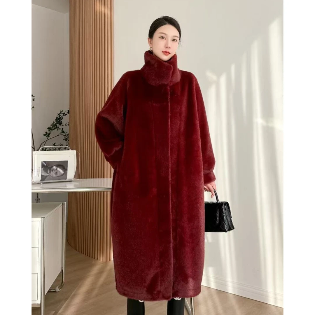 24050长款立领收口袖直下摆女毛呢外套气质宽松冬季过膝