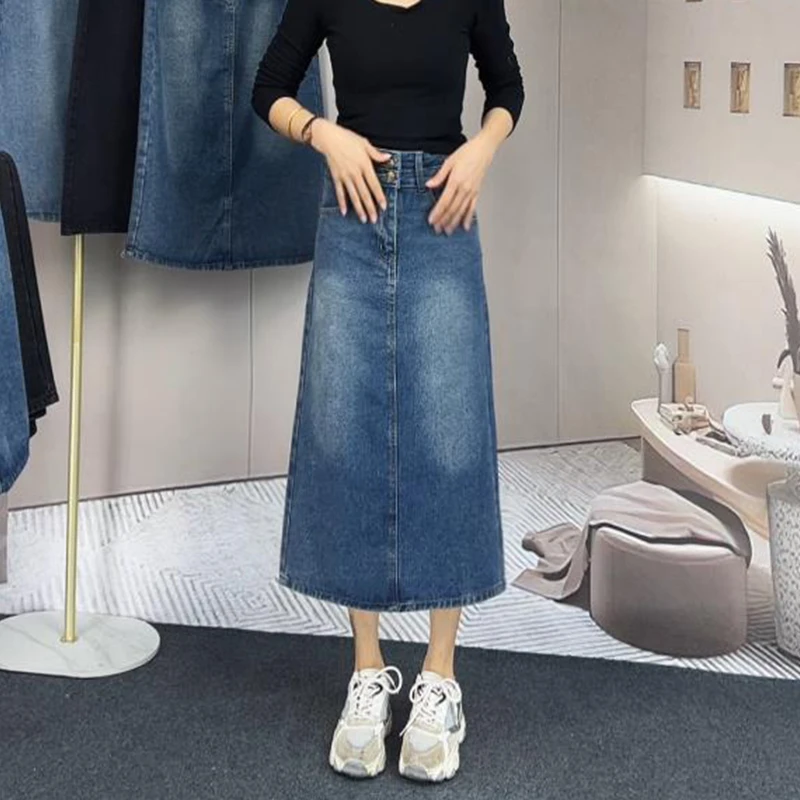 蓝色显瘦高腰a字牛仔裙复古百搭小个子半身中长款开叉胖mm裙子女