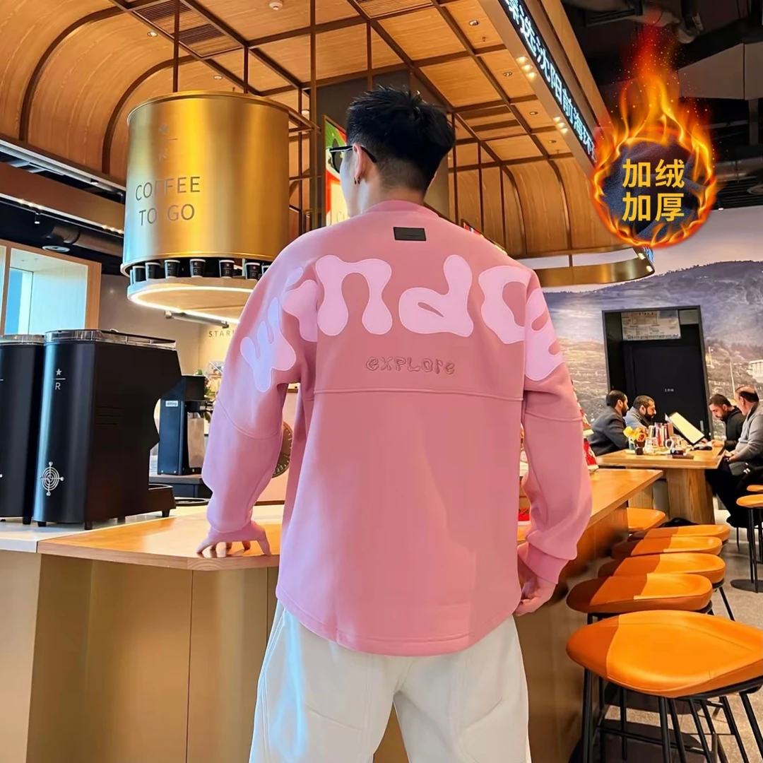 冬季加绒百搭休闲时尚潮流个性韩版简约纯色字母圆领套头男款卫衣