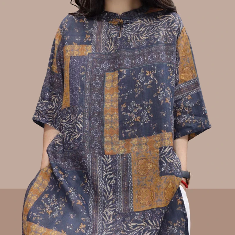 2025中式复古斜襟苎麻印花衬衣女夏季时尚新款轻薄透气上衣中长款