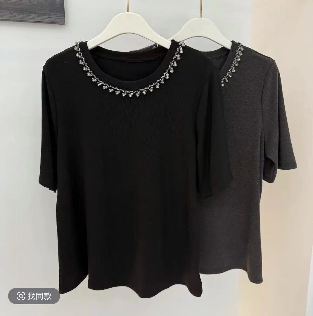 （小娜家）2025春季新款时尚百搭纯色圆领镶钻短袖上衣
