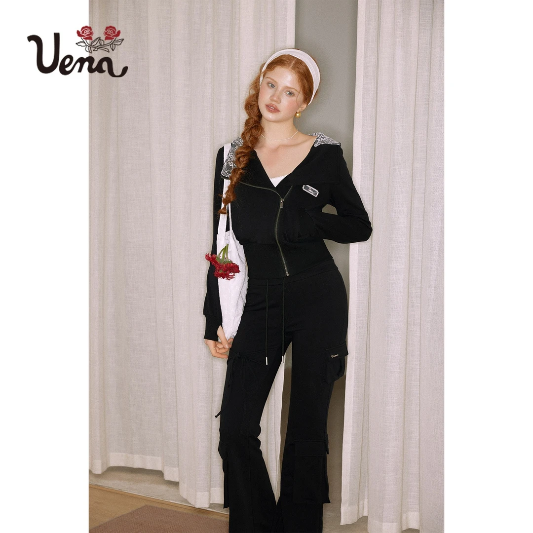 【花影日刊】Uena黑色蕾丝花边连帽卫衣多口袋绑带微喇休闲裤套装