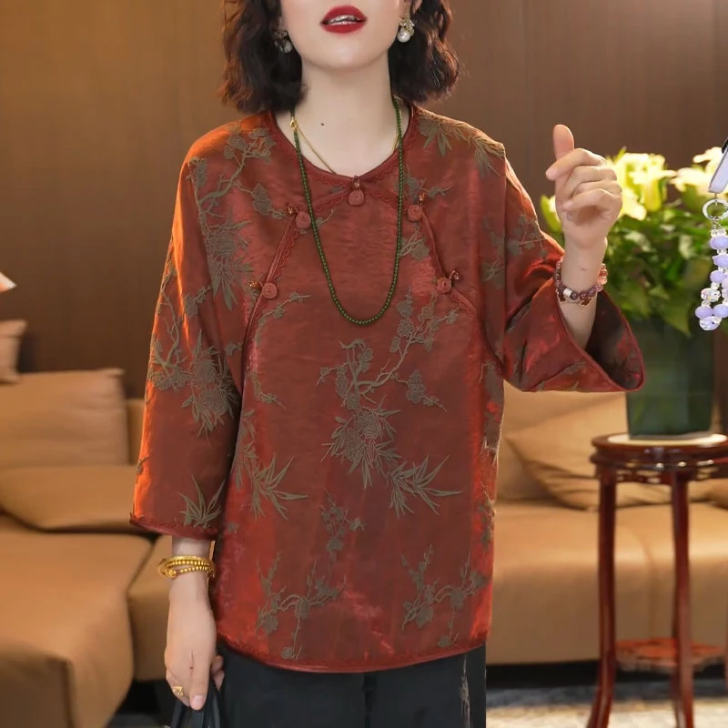 新中式国风女装知性风上衣2025早秋新款高级感老钱风提花唐装衬衫