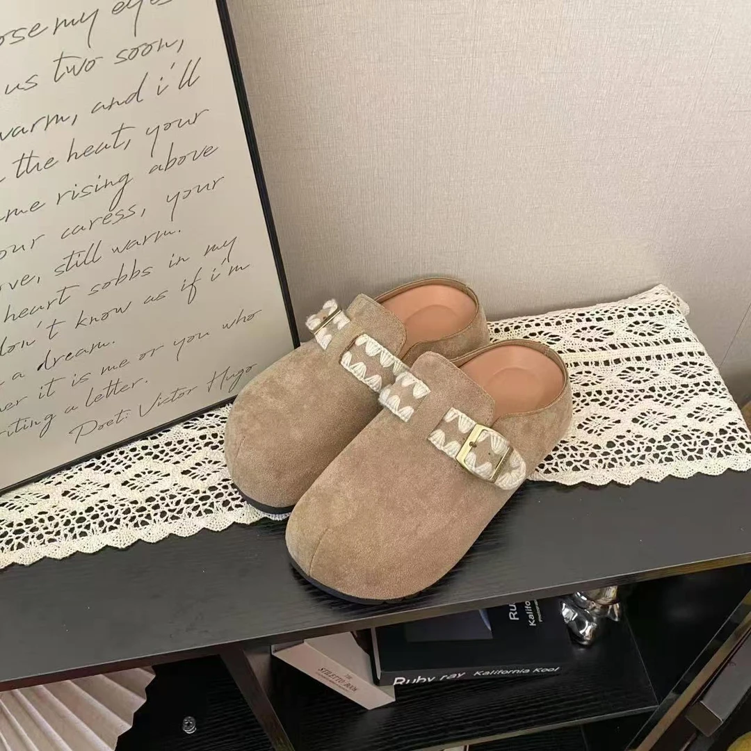 厚底一脚蹬懒人鞋女2025春季新款外穿包头半拖鞋皮带扣时尚勃肯鞋